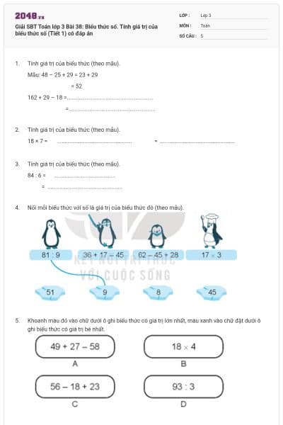 Giải SBT Toán lớp 3 Bài 38: Biểu thức số. Tính giá trị của biểu thức số (Tiết 1) có đáp án