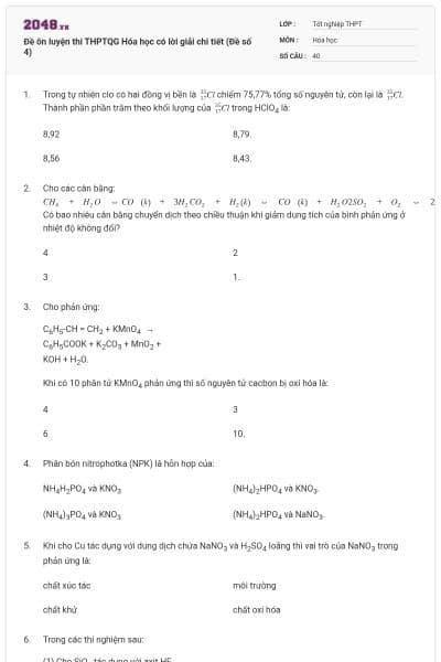 Đề ôn luyện thi THPTQG Hóa học có lời giải chi tiết (Đề số 4)