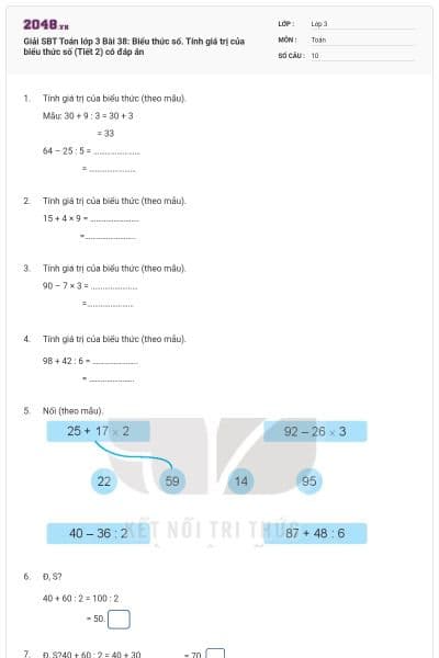 Giải SBT Toán lớp 3 Bài 38: Biểu thức số. Tính giá trị của biểu thức số (Tiết 2) có đáp án