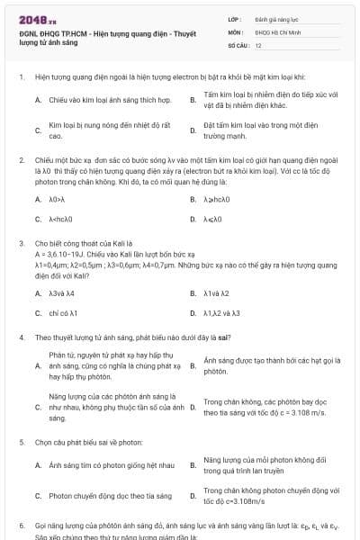 ĐGNL ĐHQG TP.HCM - Hiện tượng quang điện - Thuyết lượng tử ánh sáng