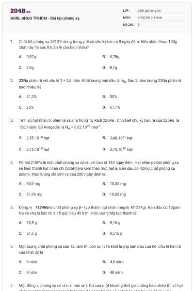 ĐGNL ĐHQG TP.HCM - Bài tập phóng xạ