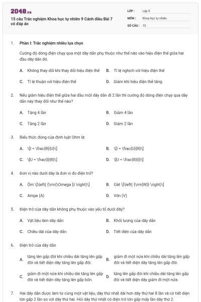 15 câu Trắc nghiệm Khoa học tự nhiên 9 Cánh diều Bài 7 có đáp án