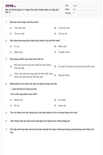 Bộ 10 đề thi giữa kì 1 Ngữ Văn lớp 8 Cánh diều có đáp án( Đề 1 )
