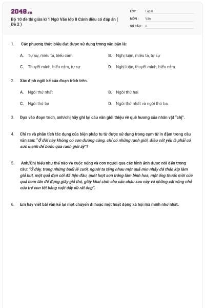 Bộ 10 đề thi giữa kì 1 Ngữ Văn lớp 8 Cánh diều có đáp án ( Đề 2 )