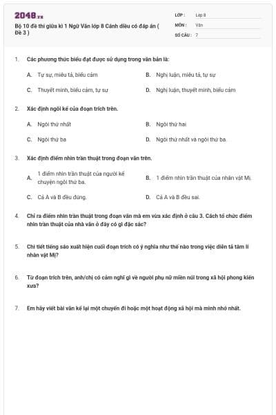 Bộ 10 đề thi giữa kì 1 Ngữ Văn lớp 8 Cánh diều có đáp án ( Đề 3 )