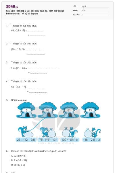 Giải SBT Toán lớp 3 Bài 38: Biểu thức số. Tính giá trị của biểu thức số (Tiết 3) có đáp án