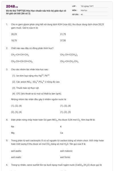 Đề thi thử THPTQG Hóa Học chuẩn cấu trúc bộ giáo dục có lời giải chi tiết (Đề số 3)