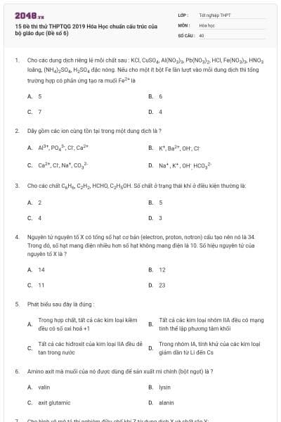 15 Đề thi thử THPTQG 2019 Hóa Học chuẩn cấu trúc của bộ giáo dục (Đề số 6)