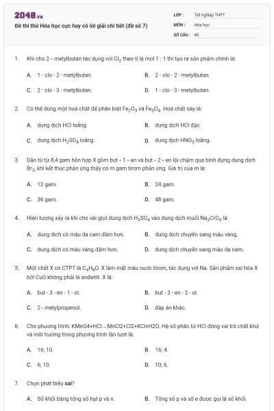 Đề thi thử Hóa học cực hay có lời giải chi tiết (đề số 7)