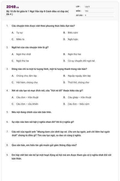 Bộ 10 đề thi giữa kì 1 Ngữ Văn lớp 8 Cánh diều có đáp án( Đề 4 )