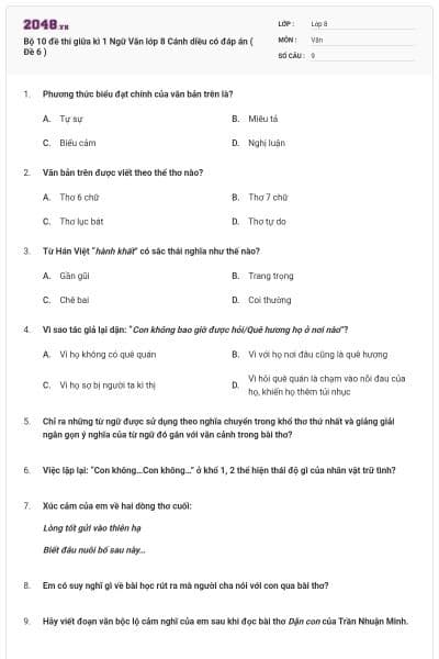 Bộ 10 đề thi giữa kì 1 Ngữ Văn lớp 8 Cánh diều có đáp án ( Đề 6 )