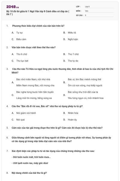 Bộ 10 đề thi giữa kì 1 Ngữ Văn lớp 8 Cánh diều có đáp án ( Đề 7 )