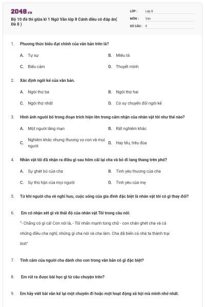 Bộ 10 đề thi giữa kì 1 Ngữ Văn lớp 8 Cánh diều có đáp án( Đề 8 )