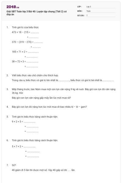 Giải SBT Toán lớp 3 Bài 40: Luyện tập chung (Tiết 2) có đáp án