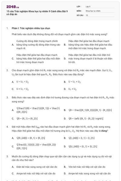 15 câu Trắc nghiệm Khoa học tự nhiên 9 Cánh diều Bài 9 có đáp án
