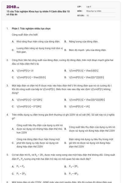 15 câu Trắc nghiệm Khoa học tự nhiên 9 Cánh diều Bài 10 có đáp án