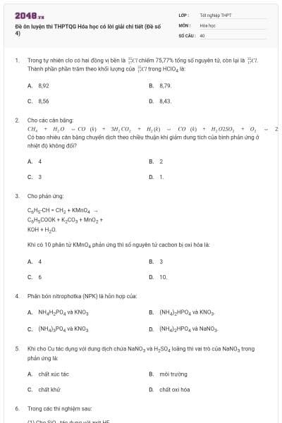 Đề ôn luyện thi THPTQG Hóa học có lời giải chi tiết (Đề số 4)