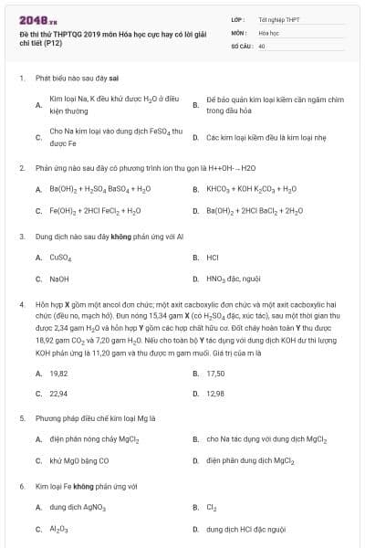 Đề thi thử THPTQG 2019 môn Hóa học cực hay có lời giải chi tiết (P12)