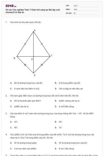 30 câu Trắc nghiệm Toán 7 Chân trời sáng tạo Bài tập cuối chương 8 có đáp án