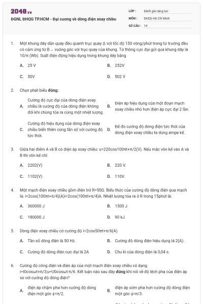 ĐGNL ĐHQG TP.HCM - Đại cương về dòng điện xoay chiều