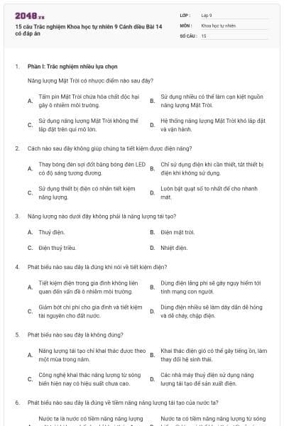 15 câu Trắc nghiệm Khoa học tự nhiên 9 Cánh diều Bài 14 có đáp án