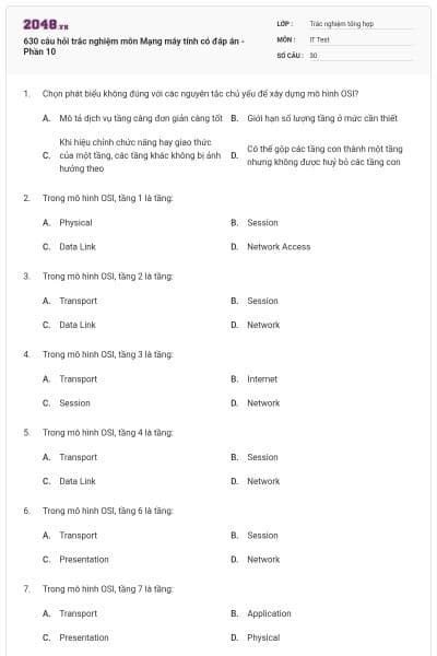 630 câu hỏi trắc nghiệm môn Mạng máy tính có đáp án - Phần 10