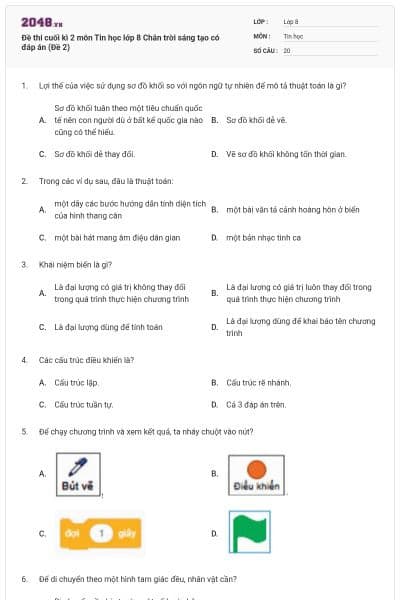 Đề thi cuối kì 2 môn Tin học lớp 8 Chân trời sáng tạo có đáp án (Đề 2)