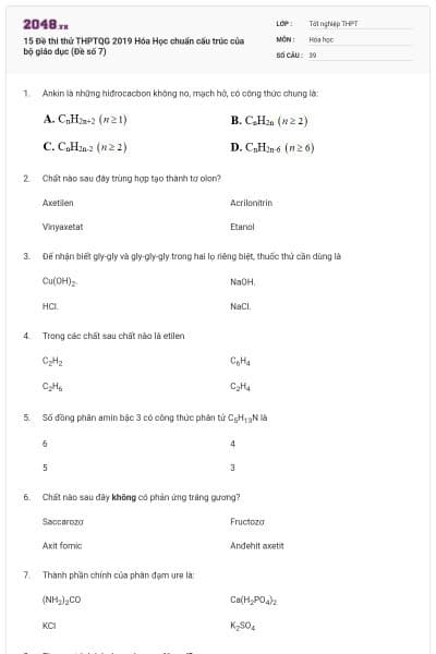 15 Đề thi thử THPTQG 2019 Hóa Học chuẩn cấu trúc của bộ giáo dục (Đề số 7)