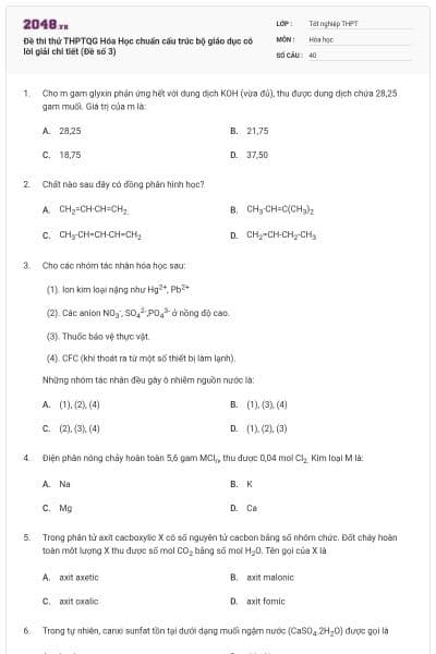 Đề thi thử THPTQG Hóa Học chuẩn cấu trúc bộ giáo dục có lời giải chi tiết (Đề số 3)