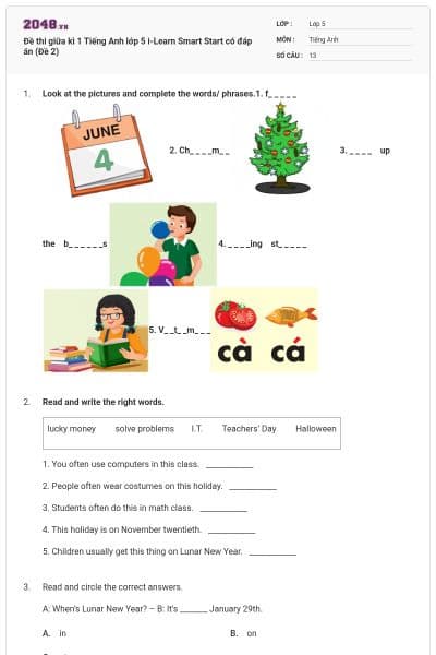Đề thi giữa kì 1 Tiếng Anh lớp 5 i-Learn Smart Start có đáp án (Đề 2)