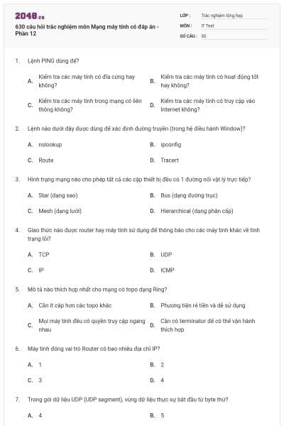 630 câu hỏi trắc nghiệm môn Mạng máy tính có đáp án - Phần 12