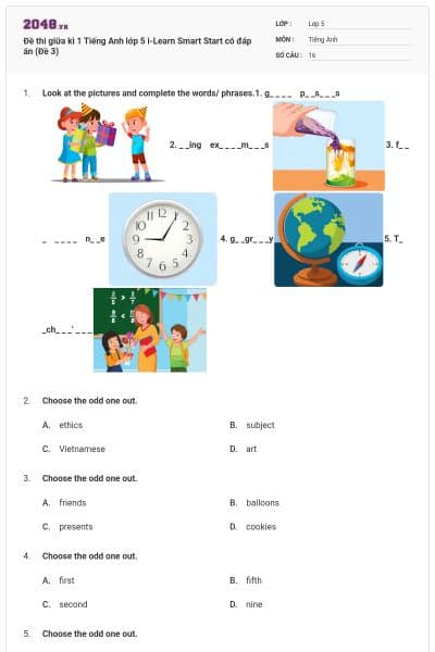 Đề thi giữa kì 1 Tiếng Anh lớp 5 i-Learn Smart Start có đáp án (Đề 3)