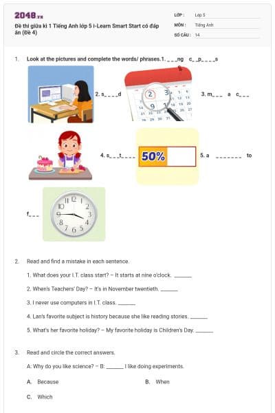 Đề thi giữa kì 1 Tiếng Anh lớp 5 i-Learn Smart Start có đáp án (Đề 4)