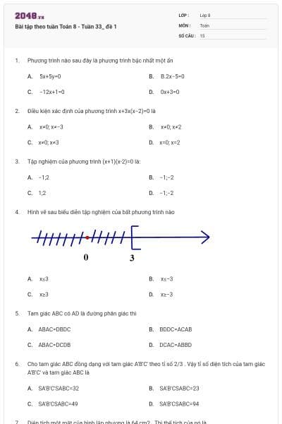 Bài tập theo tuần Toán 8 - Tuần 33_ đề 1