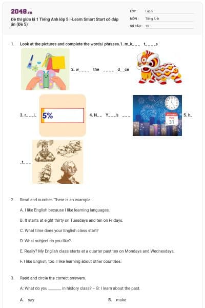 Đề thi giữa kì 1 Tiếng Anh lớp 5 i-Learn Smart Start có đáp án (Đề 5)