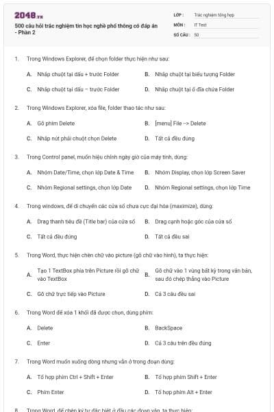 500 câu hỏi trắc nghiệm tin học nghề phổ thông có đáp án - Phần 2
