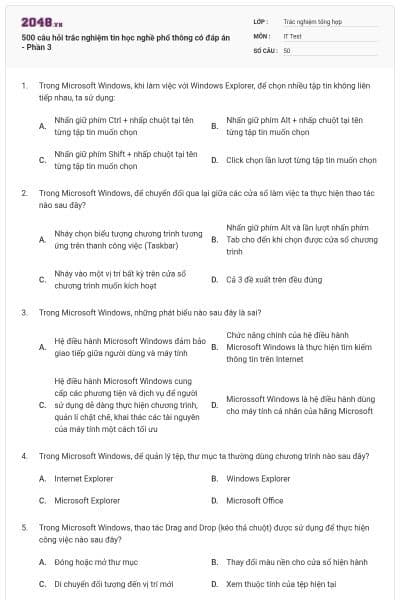 500 câu hỏi trắc nghiệm tin học nghề phổ thông có đáp án - Phần 3