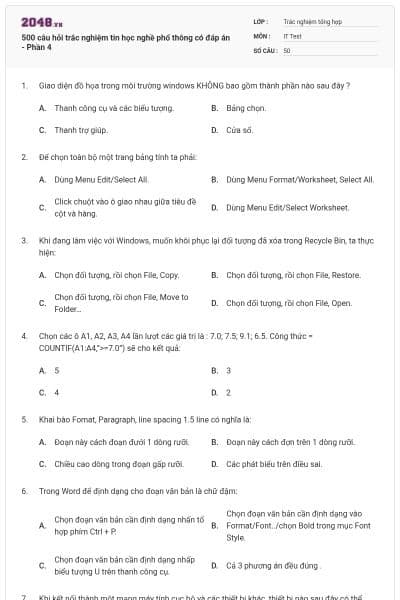 500 câu hỏi trắc nghiệm tin học nghề phổ thông có đáp án - Phần 4