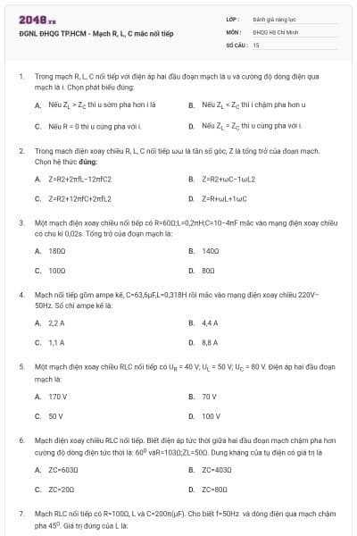 ĐGNL ĐHQG TP.HCM - Mạch R, L, C mắc nối tiếp