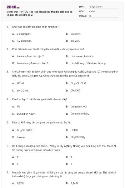 Đề thi thử THPTQG Hóa Học chuẩn cấu trúc bộ giáo dục có lời giải chi tiết (Đề số 2)