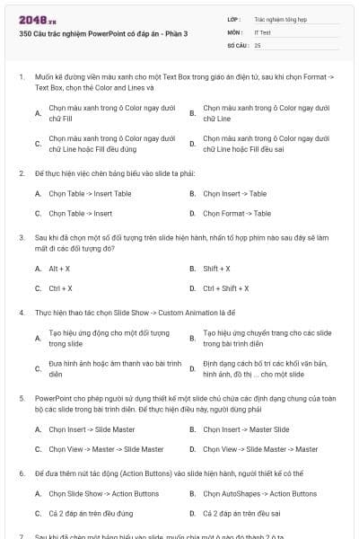350 Câu trắc nghiệm PowerPoint có đáp án - Phần 3