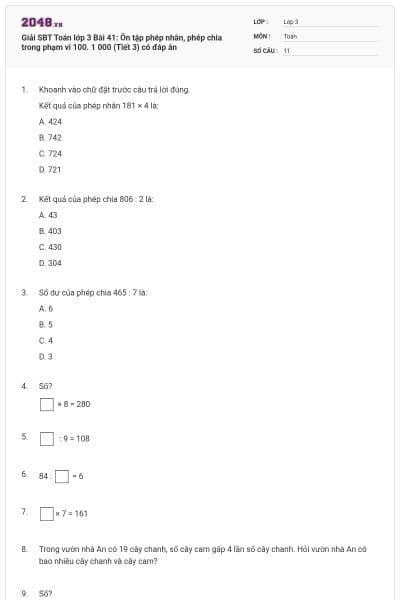 Giải SBT Toán lớp 3 Bài 41: Ôn tập phép nhân, phép chia trong phạm vi 100. 1 000 (Tiết 3) có đáp án