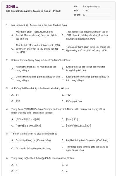 500 Câu hỏi trắc nghiệm Access có đáp án - Phần 2