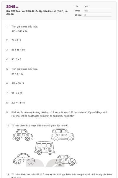 Giải SBT Toán lớp 3 Bài 42: Ôn tập biểu thức số (Tiết 1) có đáp án