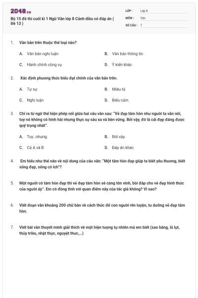 Bộ 15 đề thi cuối kì 1 Ngữ Văn lớp 8 Cánh diều có đáp án ( Đề 13 )