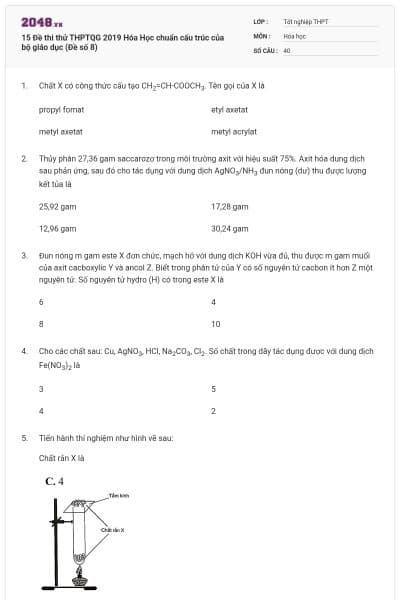 15 Đề thi thử THPTQG 2019 Hóa Học chuẩn cấu trúc của bộ giáo dục (Đề số 8)