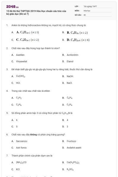 15 Đề thi thử THPTQG 2019 Hóa Học chuẩn cấu trúc của bộ giáo dục (Đề số 7)