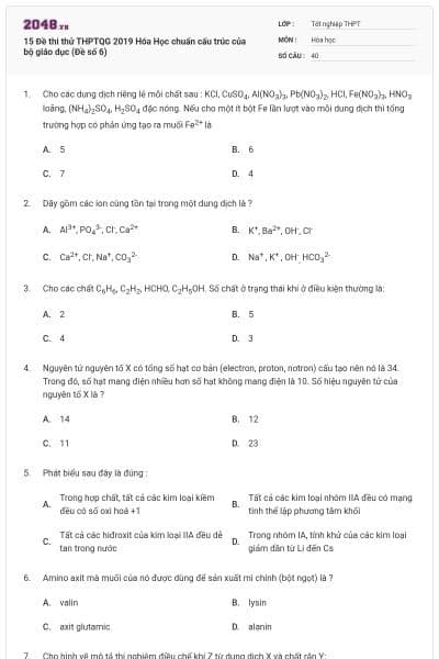 15 Đề thi thử THPTQG 2019 Hóa Học chuẩn cấu trúc của bộ giáo dục (Đề số 6)