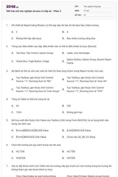 500 Câu hỏi trắc nghiệm Access có đáp án - Phần 3