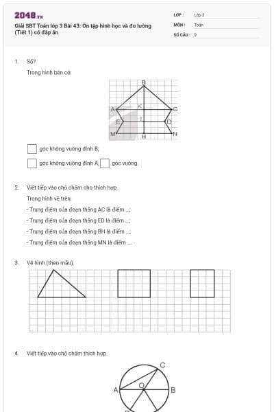 Giải SBT Toán lớp 3 Bài 43: Ôn tập hình học và đo lường (Tiết 1) có đáp án